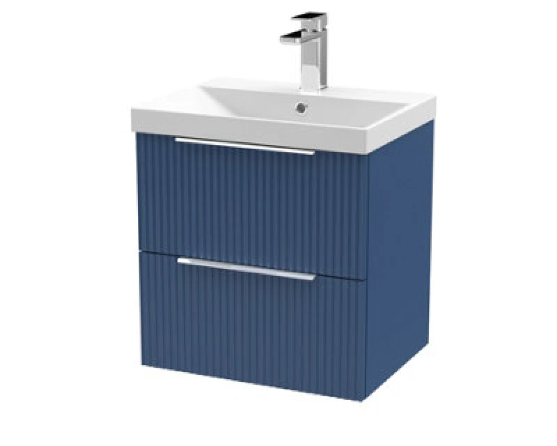 Image of Hudson Reed Fluted Wall Hung 2-Drawer Vanity And Thin-Edge Basin, Contemporary Sink Vanity Unit, Satin Blue