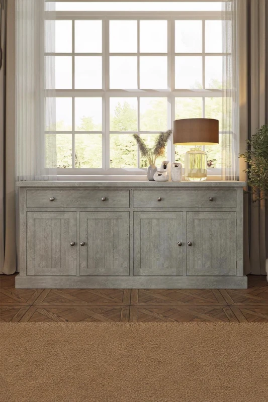 Image of FWStyle 2 Drawer 4 Door Large Sideboard Solid Reclaimed Pine Limewashed Finish Grey