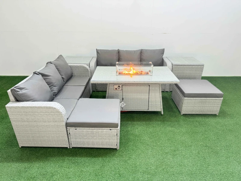 Image of Fimous Outdoor Garden Furniture Sets 8 Seater Wicker Rattan Furniture Sofa Sets with Firepit Dining Table high Back Lounge Sofa 2 Big Footstool 2 Side