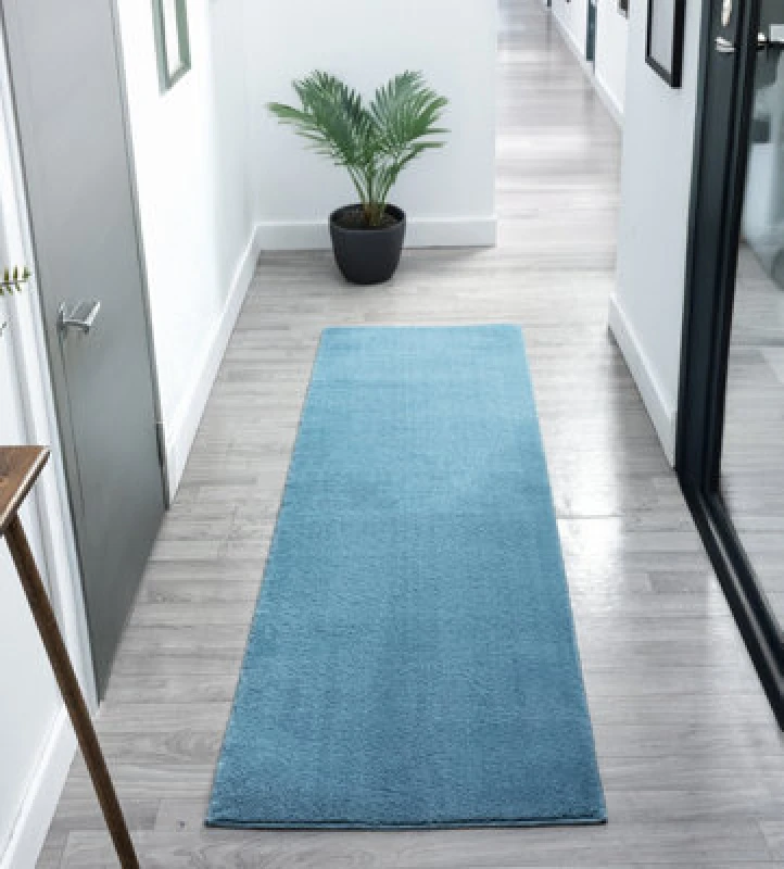 Image of Comfy Washable Low Pile Living Room Area Rug - Anti Slip Felt Backing Teal 60Cm X 200Cm