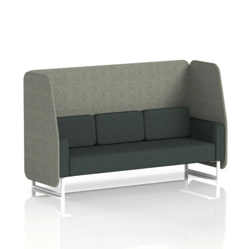 Image of Brixworth 3 Seater Open Office Booth with White Legs in Rivet Fabric - Vitreous Panels and Charcoal Sofa