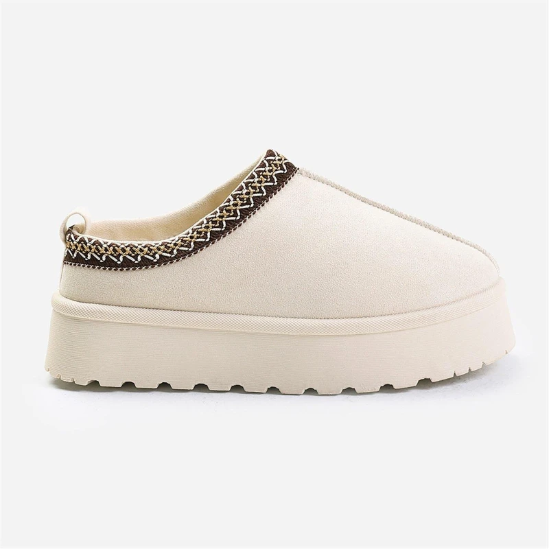 Image of Where's That From 'Freeze' Flatform Embroidered Low Ankle Slipper Boots Cream