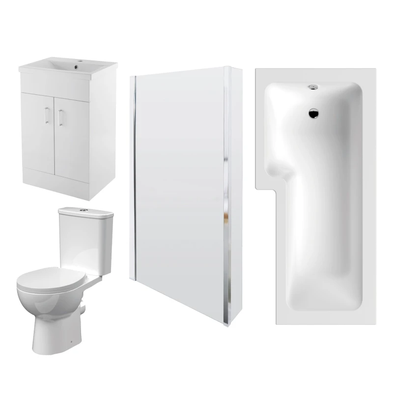 Image of BALTERLEY Balterley - 1700mm Bathroom Suite - l Shape Shower Bath, Front Panel, Shower Bath Screen, Vanity Basin Unit and Toilet with Seat - Gloss Whi