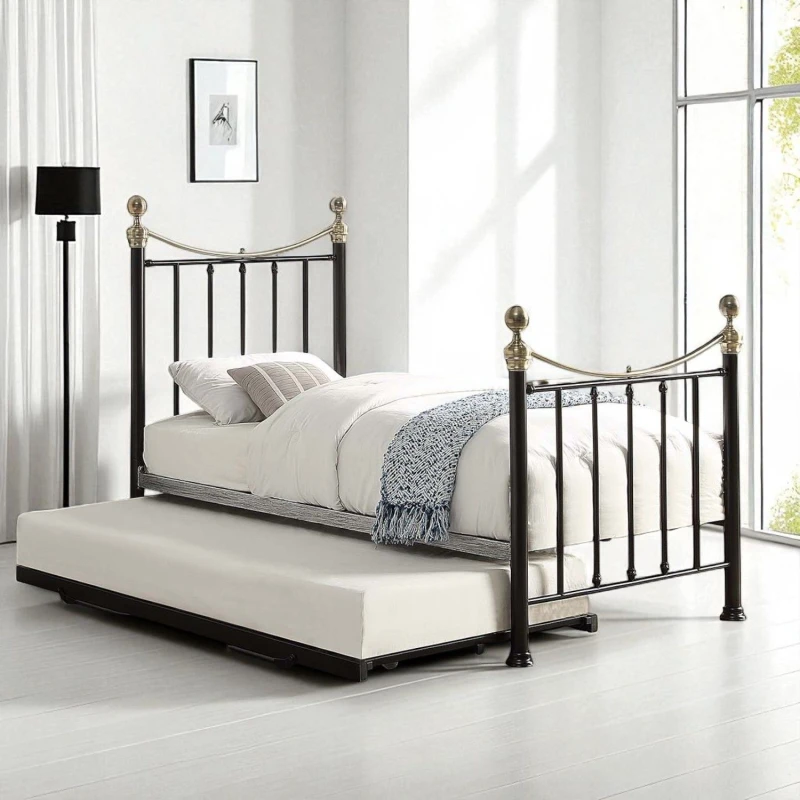Image of OAT Home Hampstead Traditional Single Metal Bed Frame & Guest Trundle in Black Unisex Single