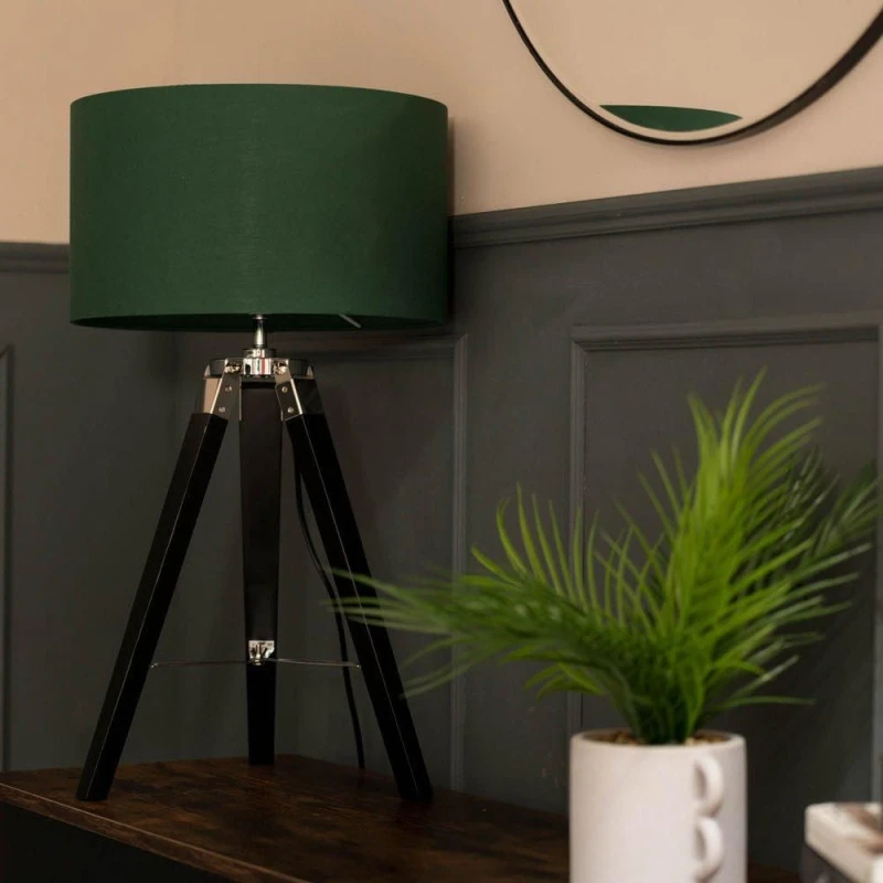 Image of ValueLights Clipper Black Wood Tripod Table Lamp with Medium Green Shade Black unisex