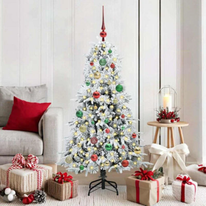 Image of vidaXL Artificial Hinged Christmas Tree with Multicolour Balls Snow Flocked Green 150cm PE and PVC, Green 3397479