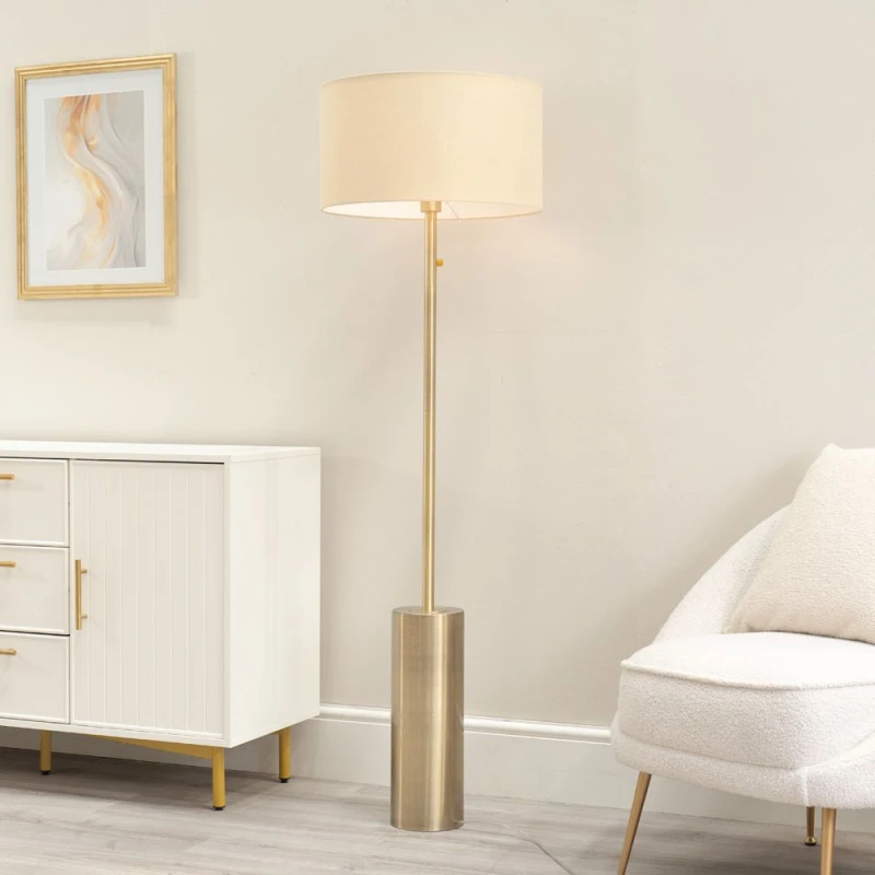 Image of ValueLights Lexy Fabric Drum Shade with Antique Brass Dimmable Floor Lamp Nude