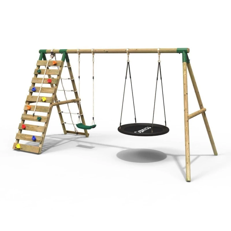 Image of Rebo Wooden Double Swing Set with Nest Swing and Climbing Wall - Vale Green Green