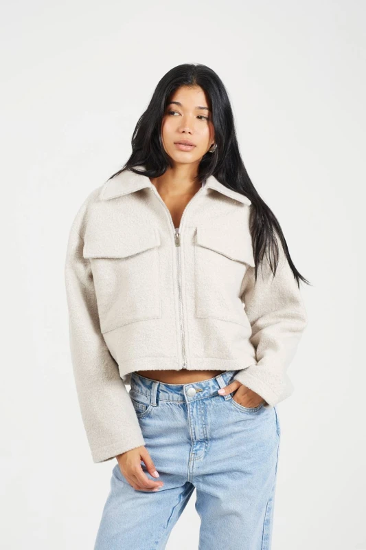 Image of Brave Soul Womens Boucle Faux Wool Jacket in Light Grey Size: 16 Light Grey Female 16