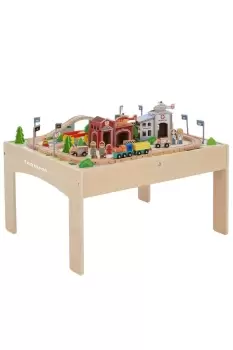 Image of Wooden Train Set With Wooden Play Table & Track (85 Pieces) (
