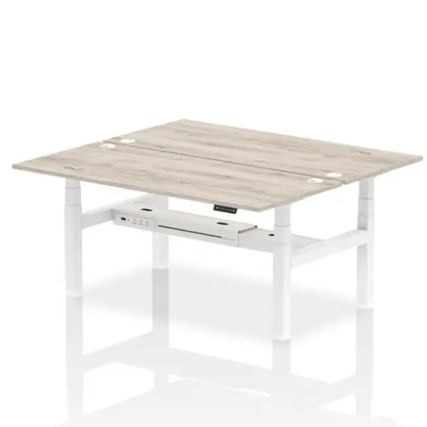 Image of Air Air Back-to-Back 1800 x 800mm Height Adjustable 2 Person Bench Desk Grey Oak Top with Cable Ports White Frame HASCP2P18800GRYW