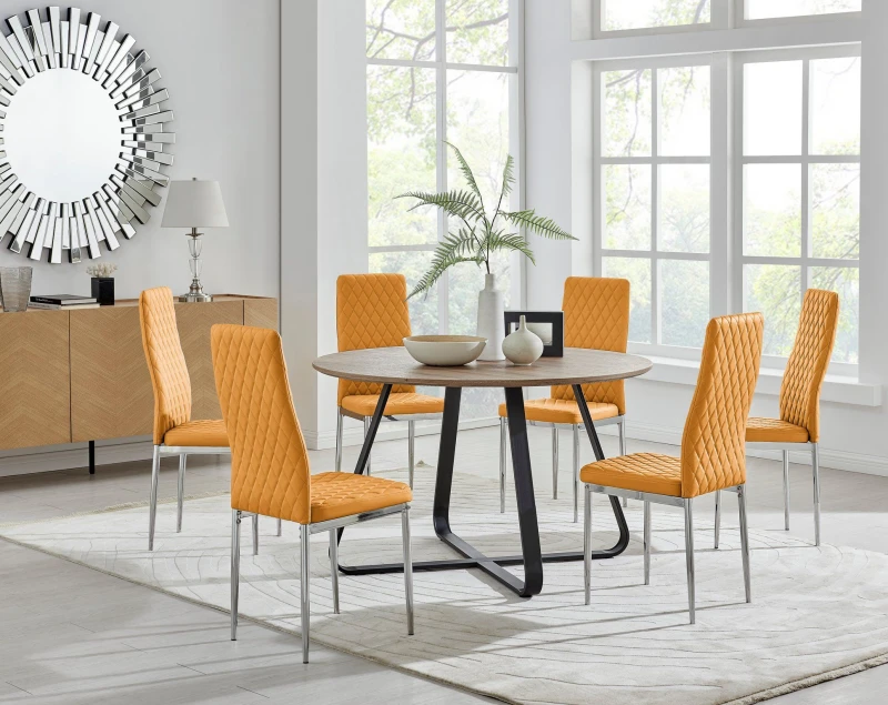 Image of FurnitureboxUK FurnitureboxUK Santorini Brown Wood Effect Dining Table & 6 Milan Chrome Leg Chairs in Mustard Mustard One Size Unisex 5056657124113