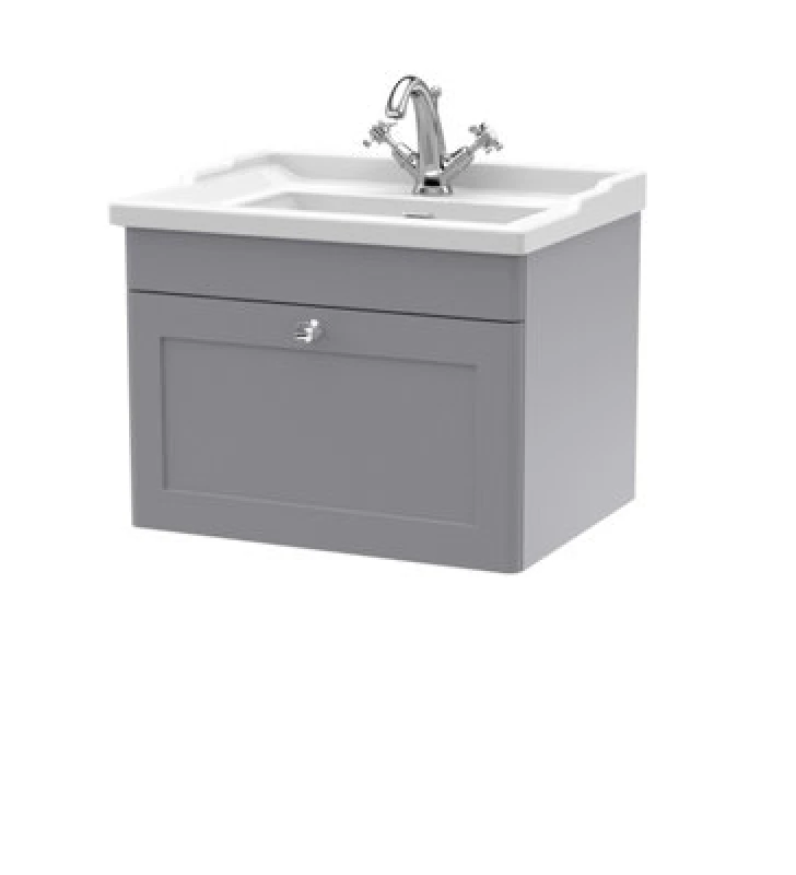Image of Classique Wall Mounted 1 Drawer Vanity Unit with Ceramic Basin Satin Grey