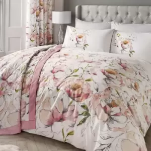 Image of Dreams & Drapes Peony Watercolour Floral Print Easy Care Duvet Cover Set, Pink, King