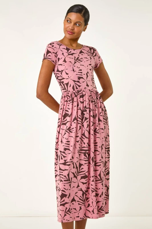 Image of Roman Womens Floral Print Stretch Midi Dress in Pink Size: 20 Pink Female 20