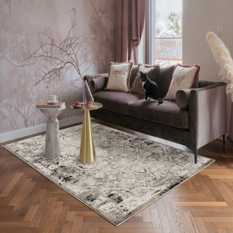 Image of Mayfair Living Room Area Rug Metallic Sheen Contemporary Modern Damask Design - Grey 120Cm X 170Cm