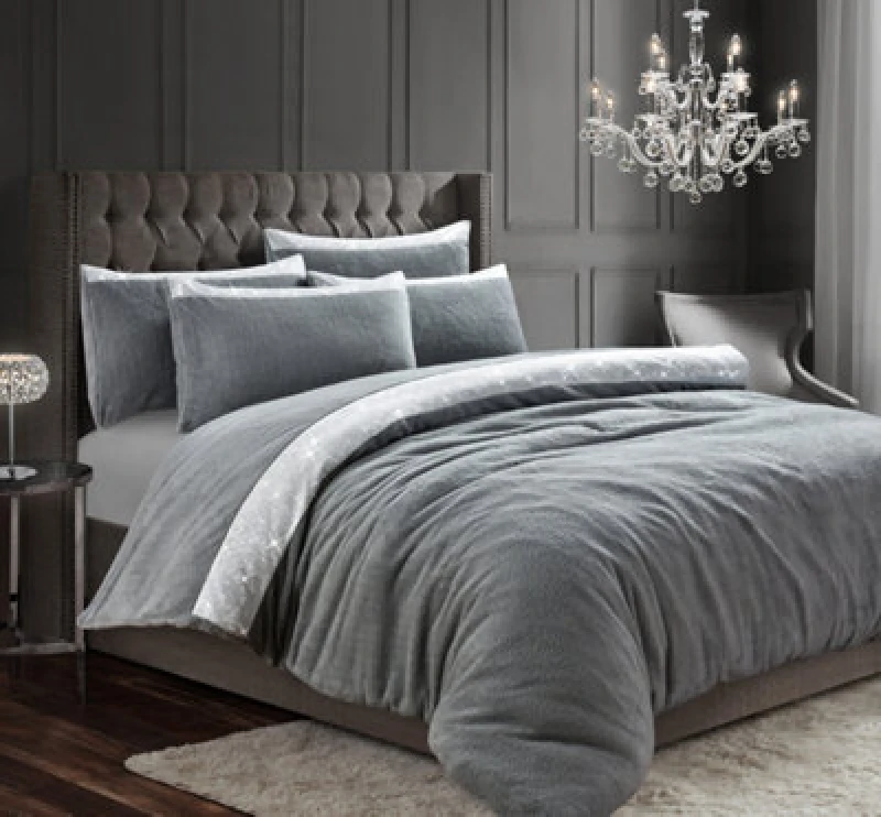 Image of Velosso Beaux Shimmer Teddy Warm And Cosy Duvet Cover And Pillowcase Set - Silver