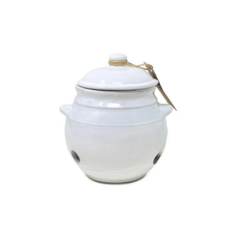 Image of Verano Spanish Ceramics Rustic Pastel Fully Dipped Terracotta Kitchen Garlic Storage Jar W/ Lid White (H) 15Cm