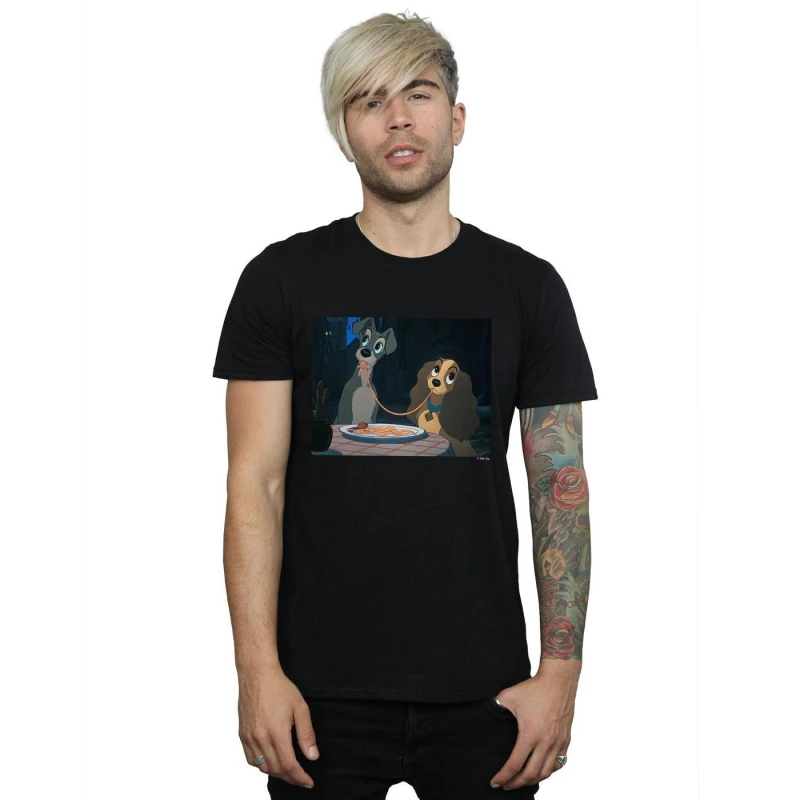 Image of Disney Men Lady And The Tramp Spaghetti Slurp T-Shirt in Black Size: Small Black S Male 5059114359059