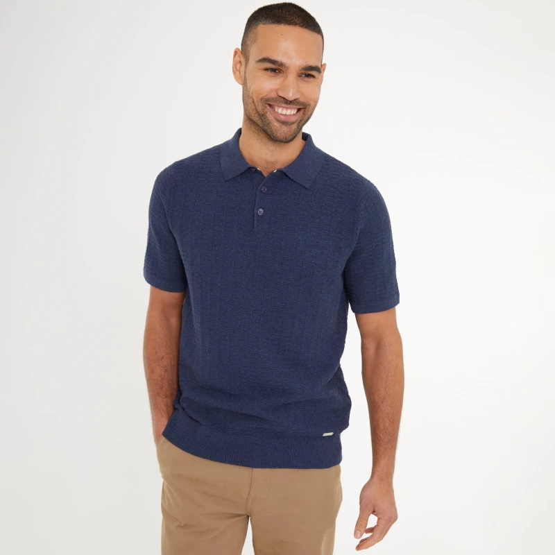 Image of Threadbare Cotton Mix Short Sleeve Textured Knitted Polo Shirt Blue