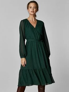 Image of Wallis Petite Dobby Tiered Midi Dress - Green, Size 14, Women
