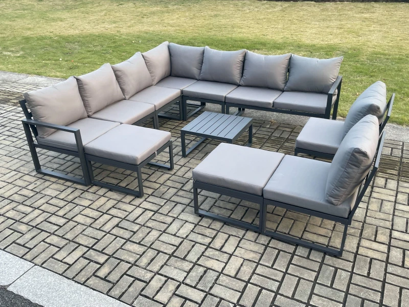 Image of Fimous 11 Seater Patio Outdoor Garden Furniture Aluminium Lounge Corner Sofa Set with Square Coffee Table with 2 Big Footstools Dark Grey Dark Grey Un