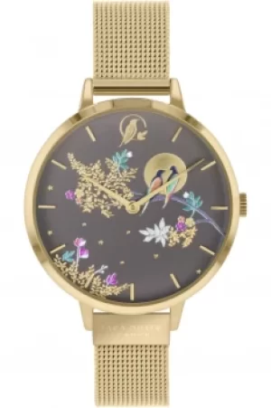 Image of Sara Miller Chelsea Ladies Pale Gold Stainless Steel Mesh Strap Grey Small Dial Enchanted Garden Watch SA4014