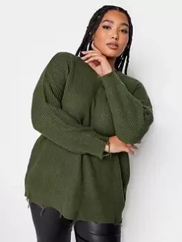 Image of Yours Fashion Distressed Jumper Khaki, Green, Size 22-24, Women