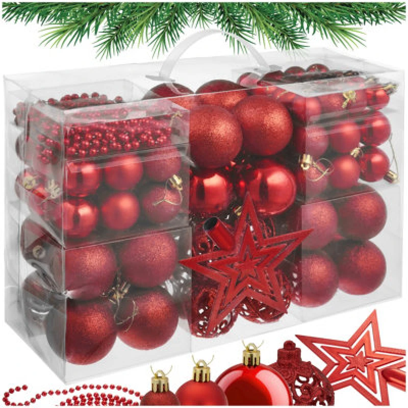 Image of Tectake Christmas Decorations - 84 Red Baubles, String Of Beads, Star Tree Topper - Red