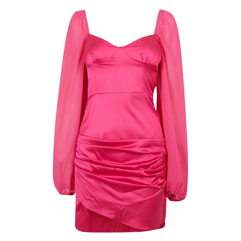 Image of I Saw It First Chiffon Sleeve Satin Milkmaid Mini Dress - Pink Pink 6