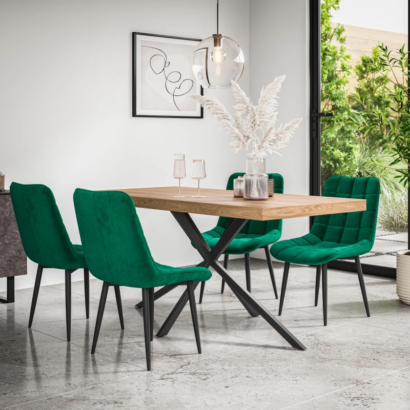 Image of More4Homes Donni Dining Table And Chairs - Oak Effect Table Top W Black Legs + Nova Velvet Dining Chair Set Of 6 (Green)
