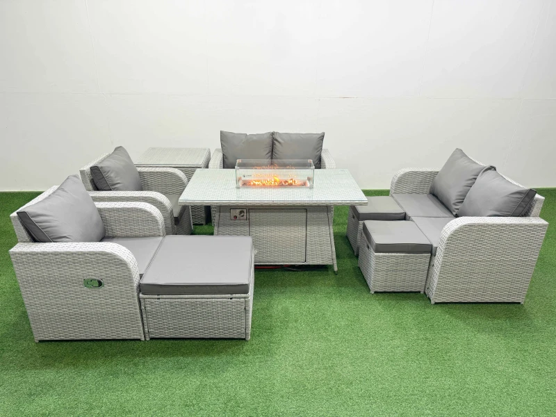 Image of Fimous 9 Seater Outdoor Reclining Chair Love Sofa Set Rattan Garden Furniture Set with Firepit Dining Table 3 Stools Side Table Light Grey Light Grey