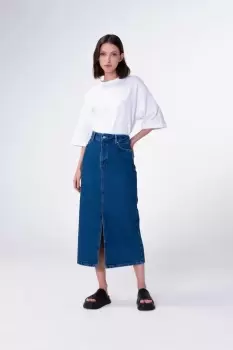 Image of Greta Midi Denim Skirt, Mid Wash / 14