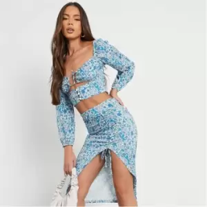 Image of I Saw It First Ditsy Floral Ruched Split Leg Midi Skirt - Blue