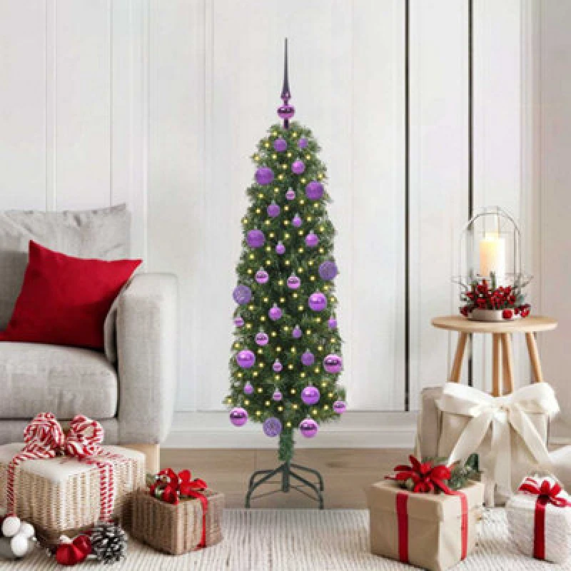 Image of vidaXL Artificial Christmas Tree with 150 LEDs, Lilac Balls with Stand Green 120 x 38 cm, Green 3394927