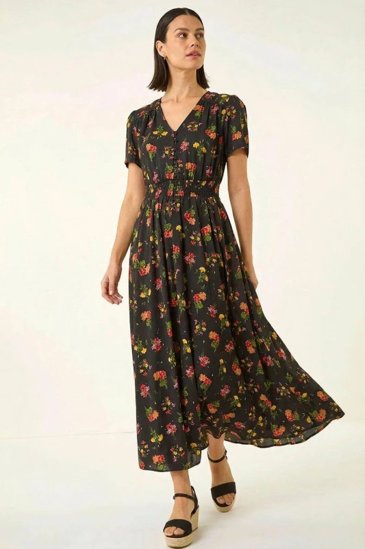Image of Roman Womens Floral Print Buttoned Midi Dress in Black Size: 14 Black Female 14
