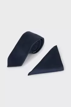 Image of Longer Length Slim Navy Tie And Pocket Square Set