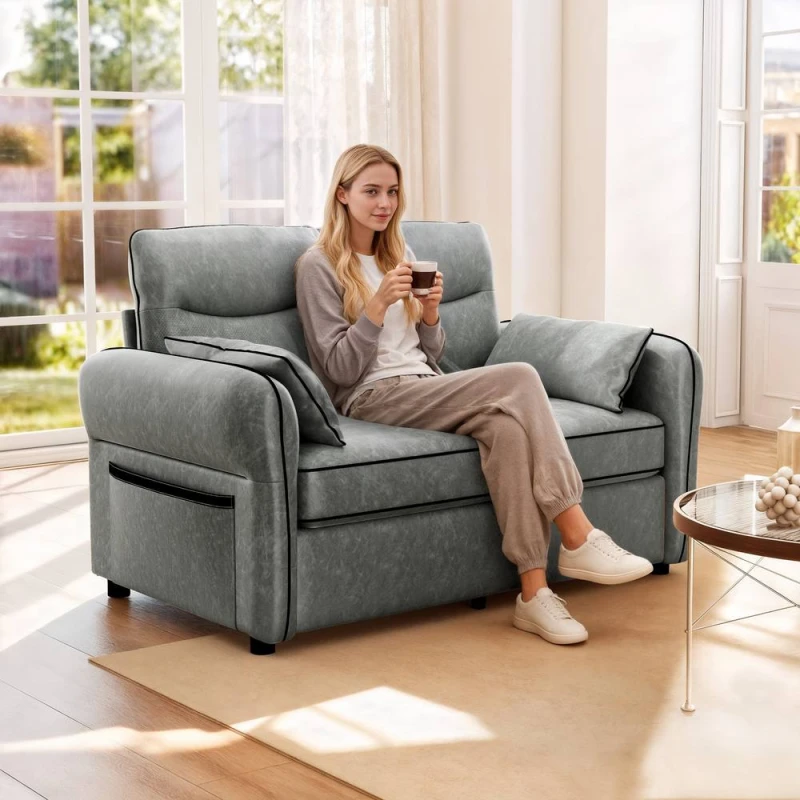 Image of HOMCOM Loveseat Sofa, Faux Leather Sofa with Thicken Cushion, Grey Size: 2 Seater Grey Unisex 2 Seater