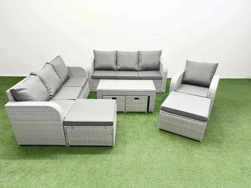 Image of Fimous PE Rattan 3 Seater Sofa Reclining Chair Sets with Oblong Coffee Table in Light Grey Light Grey Unisex