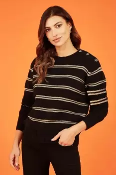 Image of Black Jumper With Gold Stripes and Button Details