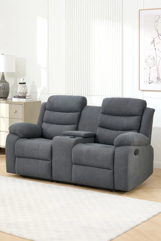 Image of More4Homes Boston 2 Seater Manual Recliner Sofa W Drinks Console (Grey)