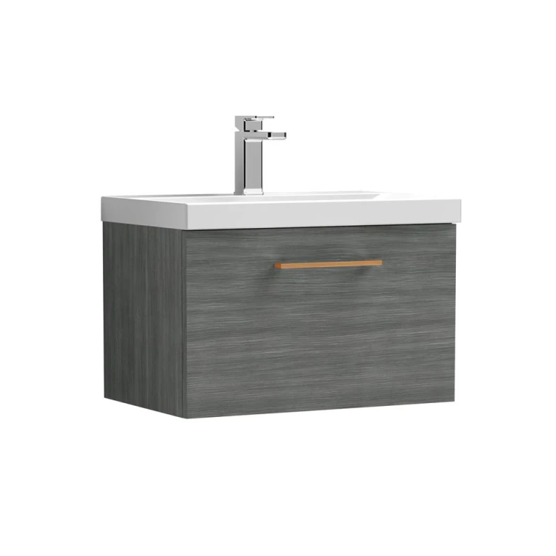 Image of Balterley 600mm Wall Hung 1 Drawer Vanity, Woodgrain Anthracite, Copper Handle in Grey Grey Unisex