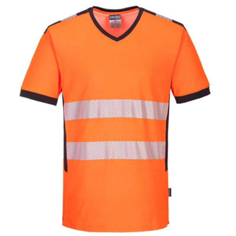 Image of Portwest PW3 Hi Vis V Neck Mesh Insert Short Sleeve T Shirt PW310OBRXL Colour: Orange / Black