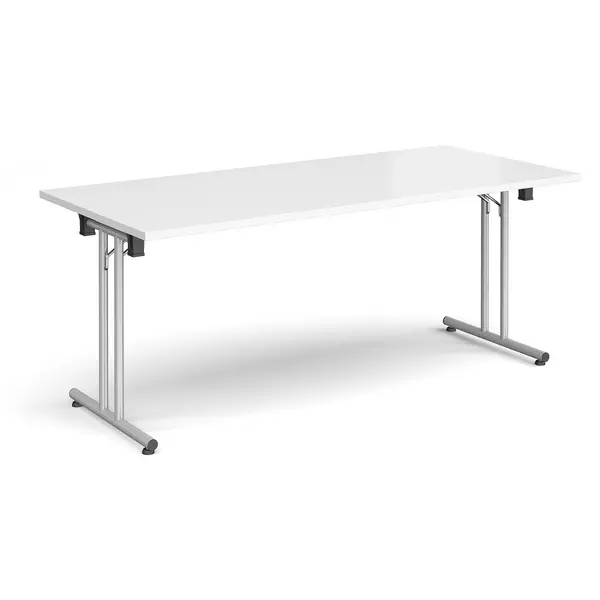 Image of Rectangular Folding Leg Table with Silver Legs and Straight Foot Rails 1800mm x 800mm - White