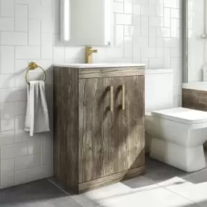 Image of 600mm Wood Effect Floorstanding Door Vanity Unit with Basin and Brushed Brass Handle - Ashford
