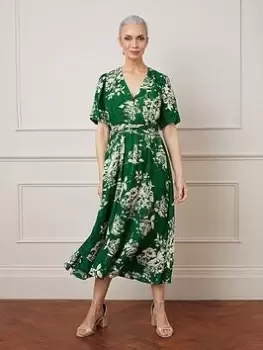 Image of Wallis Floral Jacquard Balloon Sleeve Midi Dress - Green, Size 16, Women