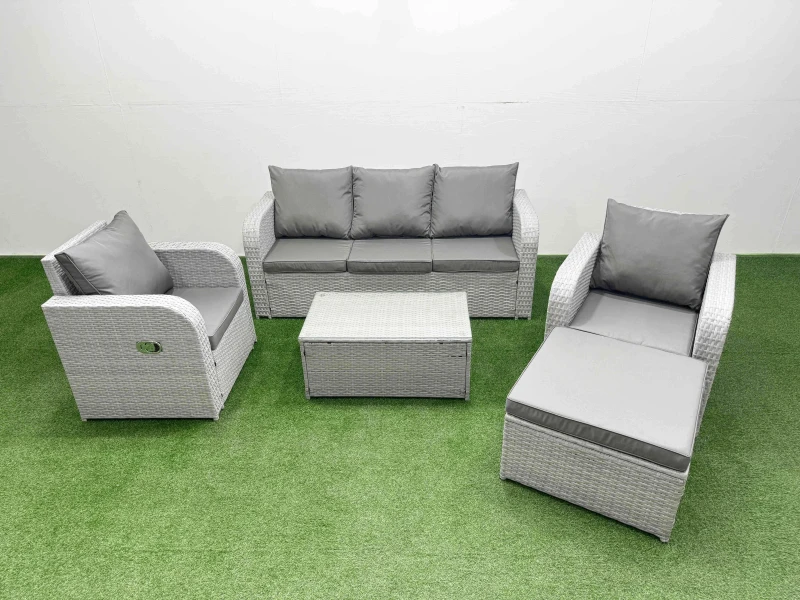 Image of Fimous PE Rattan Garden Furniture Set Reclining Chair Sofa Lounge Sofa Set Oblong Coffee Table Big Footstool Light Grey Light Grey