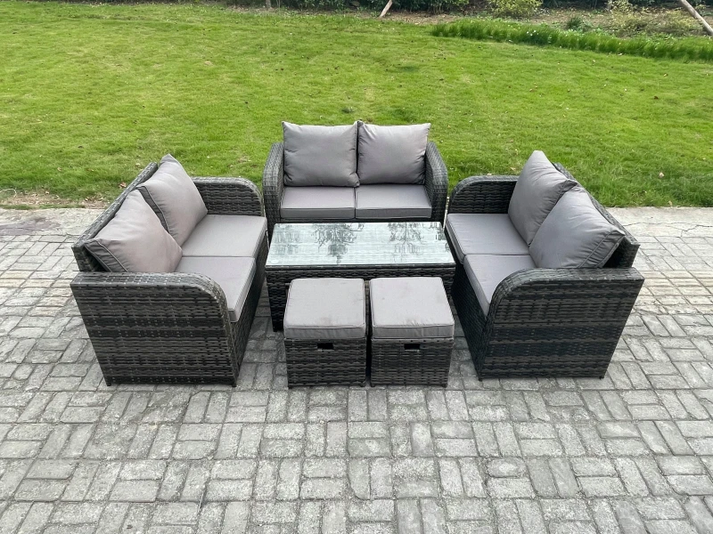 Image of Fimous Outdoor Garden Furniture Sets 6 Pieces Wicker Rattan Furniture Sofa Sets with Rectangular Coffee Table Love seat Sofa 2 Small Footstools Dark G