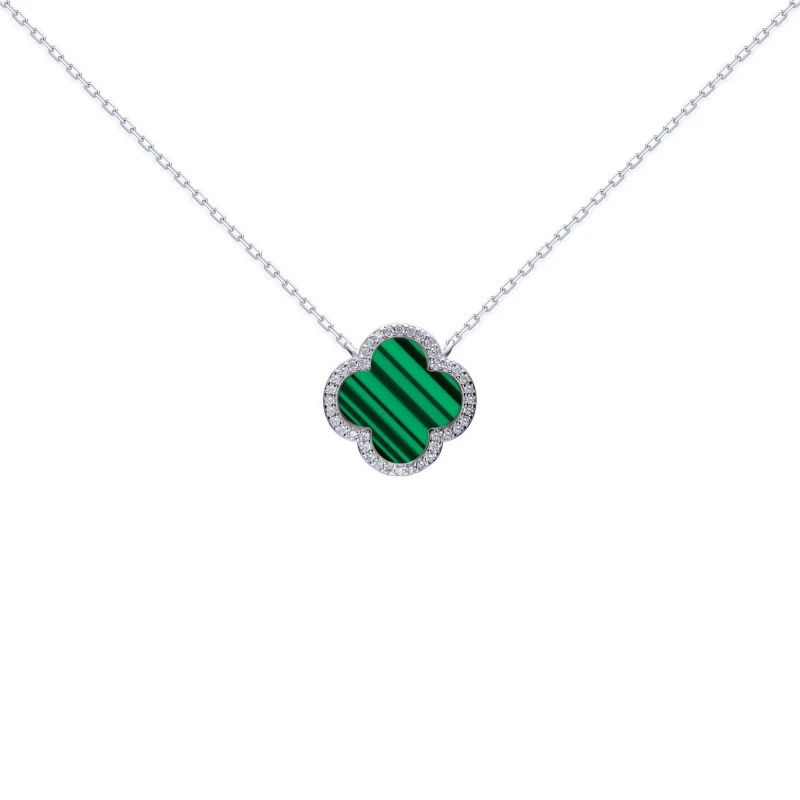 Image of Jewelco London Silver Clover Malachite CZ Lucky Charm Pendant Necklace 16-18" - ANC105 Silver female