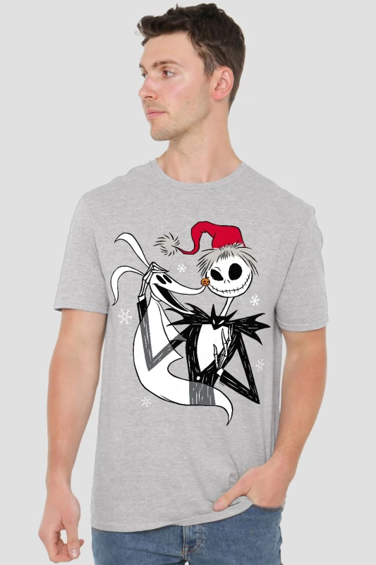 Image of Disney Men Jack Skellington Xmas T-Shirt in Grey Size: X-Large Grey XL Male 5052777231410